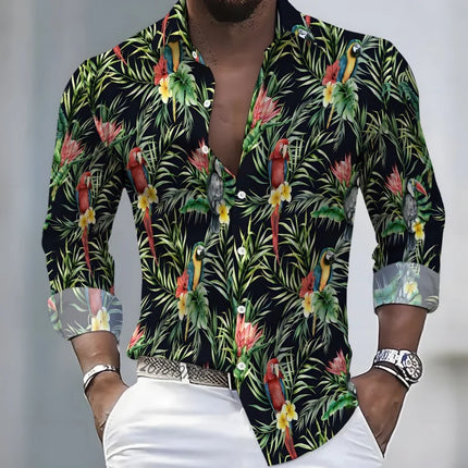 2026 New Hawaiian Style Coconut Tree Print Long-Sleeve Shirt, Stylish Print Men's Casual Vacation Loose Collar Hawaiian Shirt