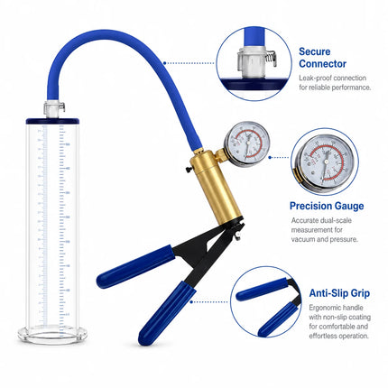 Sex Toys Vacuum Pump Trainer with Clear Acrylic Measuring Cylinder Blue Hose Metal Pressure Gauge and Manual Air Control Handle
