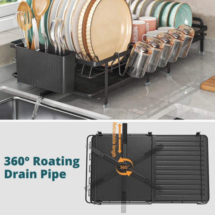 Adjustable Telescopic Dish Rack, Sink Side Dish Drying Organizer, Countertop Dish Organizer With Cup Holder, Utensil Holder