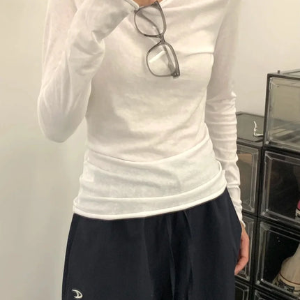 White Basic Long Sleeve T-Shirt Women's Thin Style Autumn Cuffed Loose Feeling Base Layer Shirt Simple Top for Teen Girls