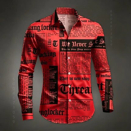 Men's Shirt Long Sleeved Shirt Newspaper Letter Print Retro Casual Single Breasted Shirt Street Style Trendy Men's Top XS-6XL