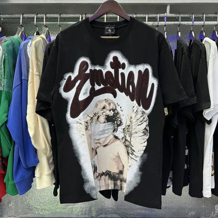 MIXED EMOTION Rhinestone Short Sleeve Men Women Tshirt Streetwear Cotton Loose Round Neck Top Tees Oversized Tee Top Trendy
