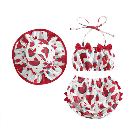 Citgeett Summer Infant Baby Girl Swimsuits Fruit Print Bandage Halterneck Sleeveless Tops Beach Shorts and Hat Swimwear