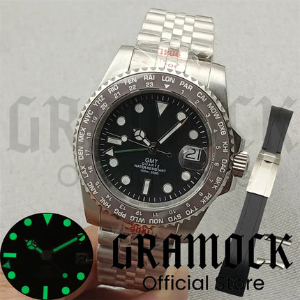 40mm GMT Men's Watch Ceramic Bezel Sapphire Glass Luminous Dial 10Bar Waterproof Sapphire Glass Stainless Steel Glideclas