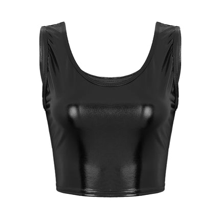 Womens Fashion Shiny Metallic Tank Crop Top Shiny Metallic Vest Tops Bustier Blouse Shirt Camis Rave Party Clubwear Costume