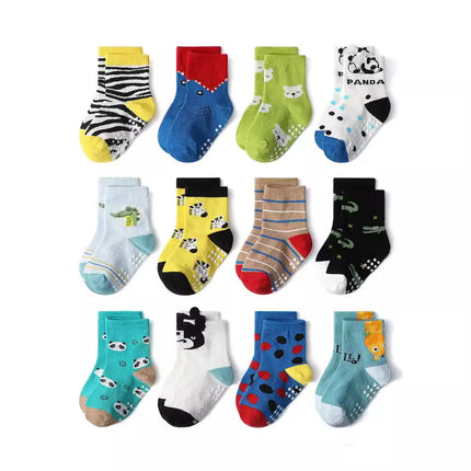 1/3/6/9/12 Pairs Kids Cotton Socks Sets for Baby Boys Non-slip Cute Cartoon Patterned Breathable Baby Trampoline Floor Socks