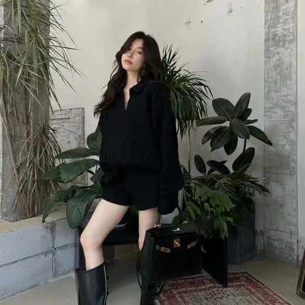 Loose  Ne Knitted Sweater And orts Set for Women Faionable Lazy Sle Twist Knit Top And Bot Two-Piece Suit