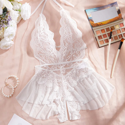 Women Plus Size Purple Lace Halter Neck Bodysuit With Peplum Skirt