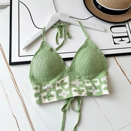 National Style Women's Swimwear Top with Chest Pads Bohemian Beach Wear Outfit Crochet Halter Neck Summer Sling Beach Vacation