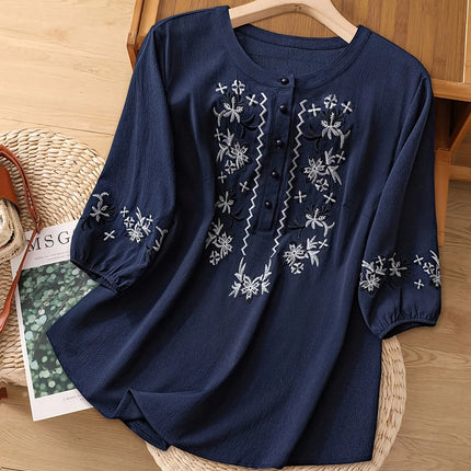 Plus size women's ethnic style embroidered shirt
