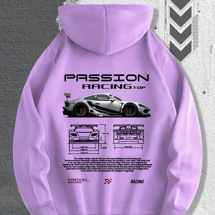 Men'S Passionate Racing Graphic Hoodie Featuring Race Cars and Sports Car Illustrations, Perfect for Everyday Wear
