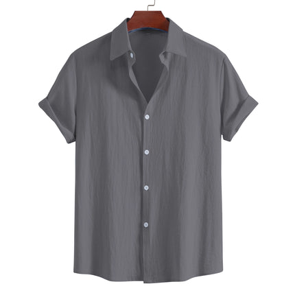 Men's Summer Lapel Short Sleeve Solid Color Button Cardigan, Fashionable Cotton Men's Shirt Tops