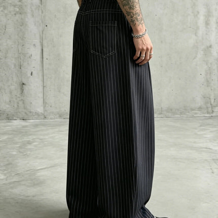 Vintage Pinstripe Mens Oversized Barrel Banana Wide Leg Trousers Anti-Wrinkle Baggy Loose Striped Pants Polyester Spandex Blend