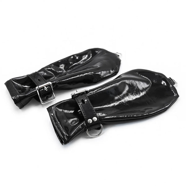 Sex toys, patent leather handcuffs, shiny leather hand buckles, tied hands, toys, restrained and bound adult products.