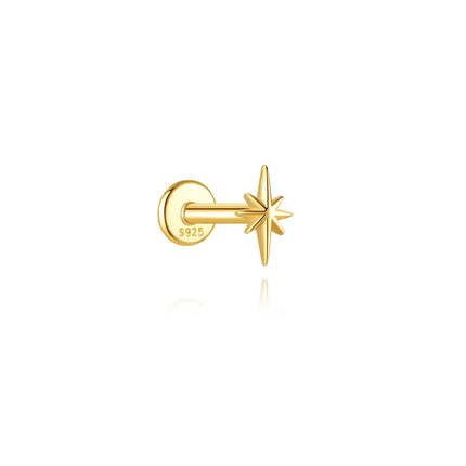 CANNER 1Pc 925 Silver Smooth Stars Moon Stud Earrings For Women 18K Gold Flat Head Threaded Puncture Ear Bone Ins Fine Jewelry