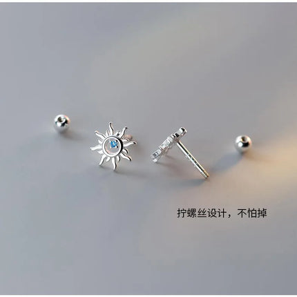 925 Sterling Silver Blue Zircon Sun Small Stud Earrings For Women Piercing Elegant High Fine Jewelry Best Selling