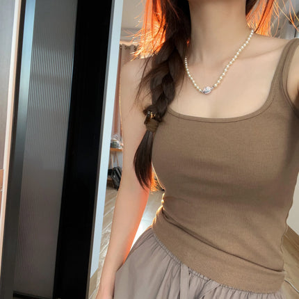 Women's Vest with Built-in Bra Pad Elastic Ribbed Square Collar Csole Tank Top ort Length  Color Versatile Summer F...