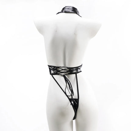 Anime Cosplay Lingerie Halter Three Point Swimsuit Hollow Out Backless Faux Leather Catsuit Women Sexy Bodysuit Bandage Set