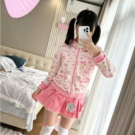 Cute Japanese Printed Cardigan Women Y2K Fairy Grunge Ruffle Patchwork Outerwear Sweet Lolita Harajuku Style Daily Casual Outfit
