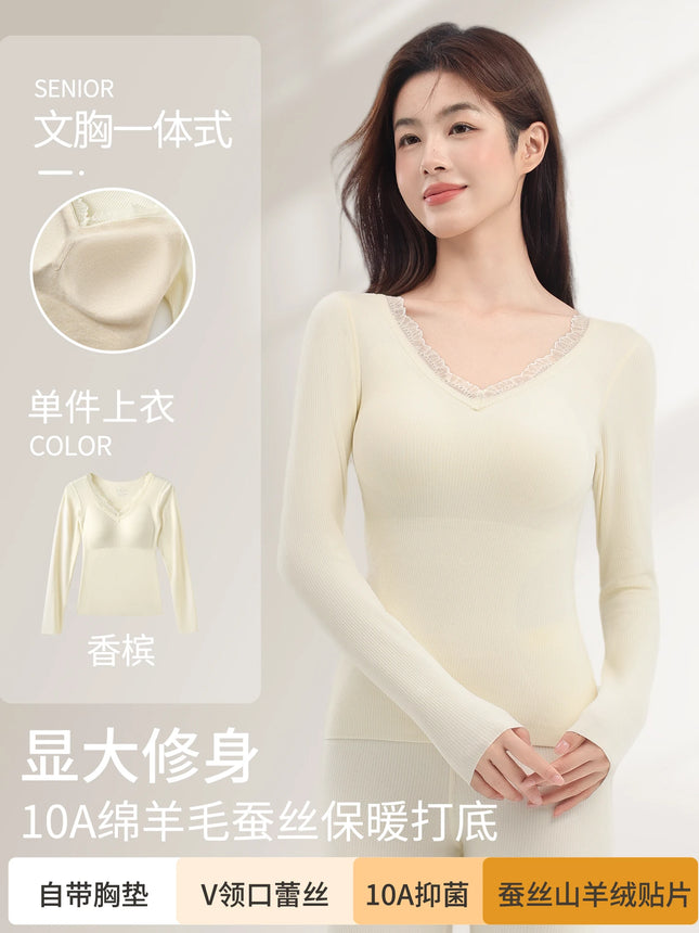 Women's Heated Underwear Set, Winter Fleece Lined Seamless Base Layer Top & Pants with Removable Bra, Thermal Wear MOYISU M-2XL
