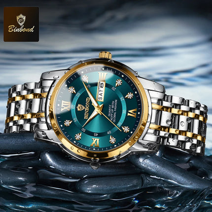 BINBOND Stainless Steel Quartz Wristwatch Top Brand Luxury Clock 3ATM Waterproof Business Men Watches Men Gifts Relojes
