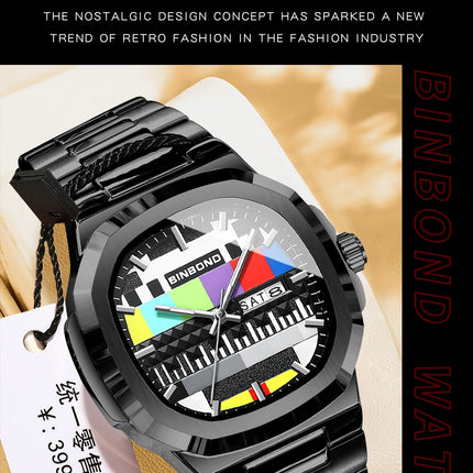 BINBOND Creative TV Dial Men's Watches New Fashion Original Retro Design Luminous Quartz Wristwatch For Men With Calendar Week