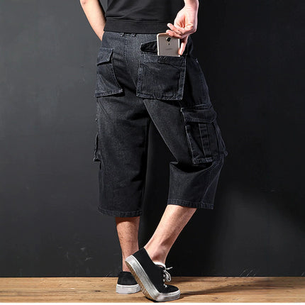 New Summer Men's Multi-pocket Jeans, Workwear-style Blue Denim Shorts, Asian Sizes 30–42.