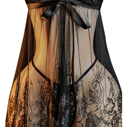 Summer Women Underwear Set Lace And Mesh Flower Babydoll Dress Woman See Through Nightdress V-neck Open Bra Sleep Skirt Nighties