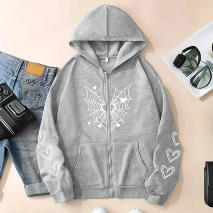 2025 Hot Sale Women's Hoodie Cute Spider Web Heart Print Zip-up Sweatshirt All Season Female Urban Casual Fashion Hooded Jackets