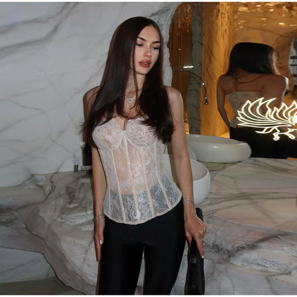 Sexy Women's Lace Fishbone Bandage Vest Slim Strapless Backless Female Corset 2026 Spring Summer Lady Chic Beach Party Tops