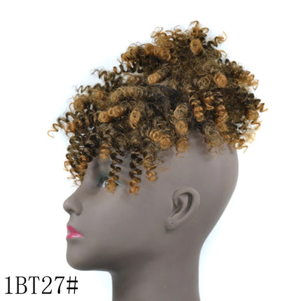 Drawstring Afro Kinky Curly Puff Ponytail Hair Bun with Bangs Synthetic Mini Spring Curl Hairpiece with Clip for Black Women