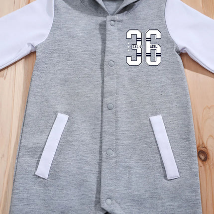 IURNXB Baby Romper Grey Longsleeve Newborn Hooded Baseball Clothes 36 Classic Sport Typography Jersey Kids Infant Jumpsuit 0-18M