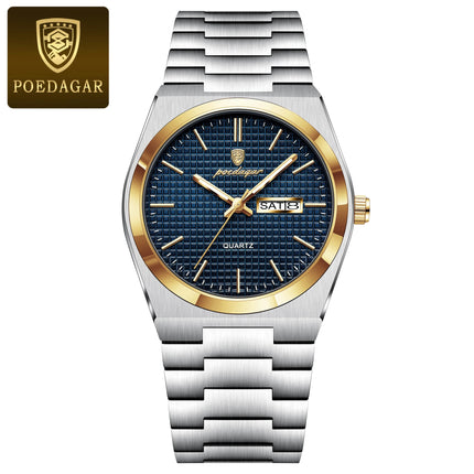 POEDAGAR Luxury Original Men's Watch Waterproof Stainless Steel Luminous Men's Wristwatch Date Week Quartz Fashion Watches For Men