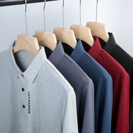 Men's Waffle Long-Sleeved Polo Shirt with Letter-Printed Lapel Casual Top