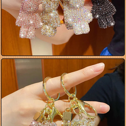 Cute Rhinestones Tassel Bear Keychain Couple Keychain Girl Decoration Small Pendant Car Key Ring Student Bag Pendant