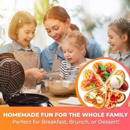 Heart Waffle Maker- Make 5 Heart Shaped Waffles for Special Loved Ones Breakfast- Nonstick Baker Easy Cleanup, Electric Waffler