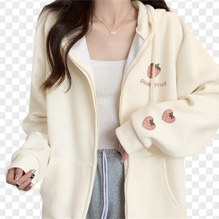 2025 New Strawberry Print Zipper Hooded Jacket Spring And Autumn Thin Collection Fashion Trends Versatile Casual Lazy Wind