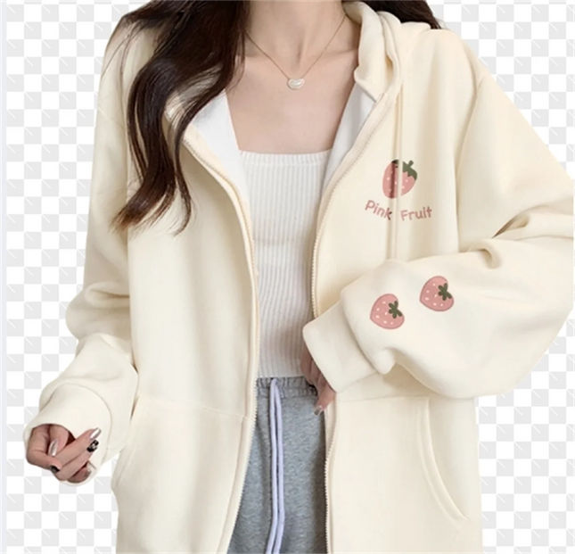2025 New Strawberry Print Zipper Hooded Jacket Spring And Autumn Thin Collection Fashion Trends Versatile Casual Lazy Wind