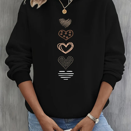 Women's Casual Heart Print Pullover Sweatshirt Geometric Design Long Sleeve Round Neck Machine Washable Regular Fit for Autumn