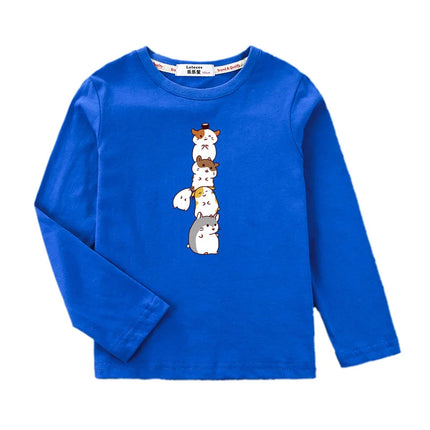 Childrens Spring Autumn T-shirt Human Pyramid Cat Cartoon Shirt Boys Girls Long Sleeved Top Cotton Clothing