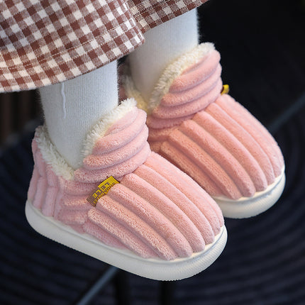 New Winter Simplicity Stripe Plush Slippers Children's Non-slip Soft Sole Kids Boys Girls Heel Wrap Warm High Home Cotton Shoes