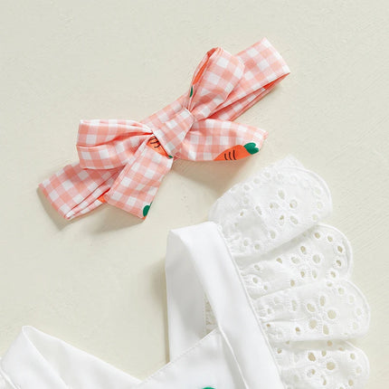 Easter Toddler Baby Girl Fly Sleeve Bodysuits with Bow Headband Infant Lovely Sleeveless Square Neck Carrot Print Jumpsuits