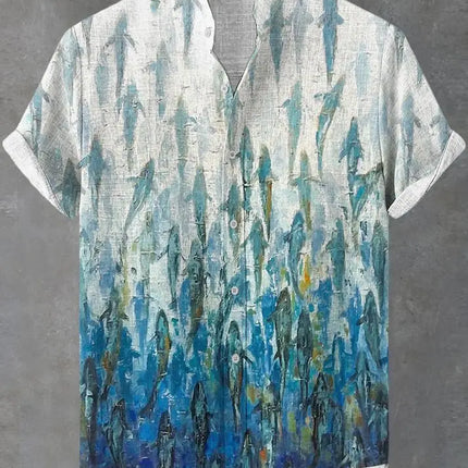 Summer Men's Casual Sea Life Graphic Short Sleeved Shirt Button Down Lapel Shirts Oversized Tops Casual Hawaiian Shirt for Men