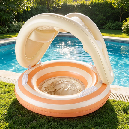 1PC Swimming Ring Inflatables with Detachable Canopy Sun Protection, Stripy Cartoon Float Seat with Handles for Boys Girls