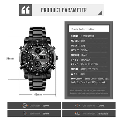 SKMEI Men Dual Display Watch Countdown Steel Strap Electronic Wristwatch Three Time Clock Digital Quartz Watch Relogio Masculino