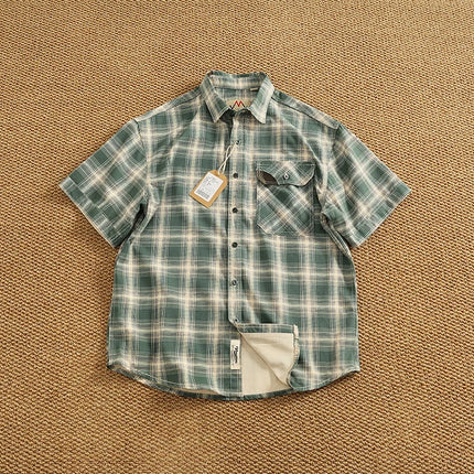 New summer retro pure cotton washing men's loose casual plaid lapel short-sleeved work shirt
