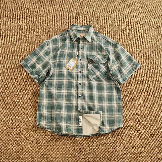 New summer retro pure cotton washing men's loose casual plaid lapel short-sleeved work shirt