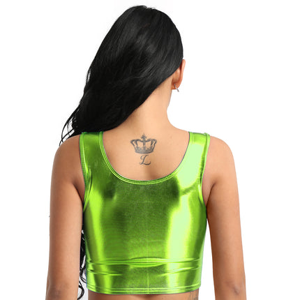 Womens Fashion Shiny Metallic Tank Crop Top Shiny Metallic Vest Tops Bustier Blouse Shirt Camis Rave Party Clubwear Costume