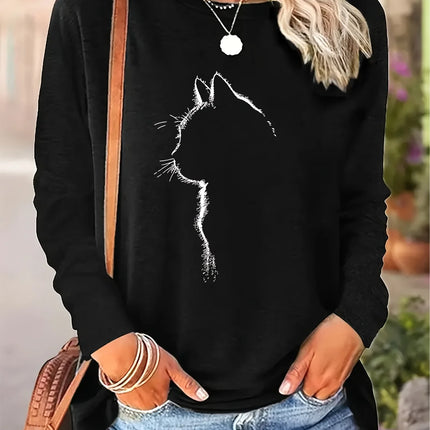 Women's Soft 100% Cotton Black Cat Long Sleeve T-Shirt Top for Everyday Basic Tee Casual Chic Style
