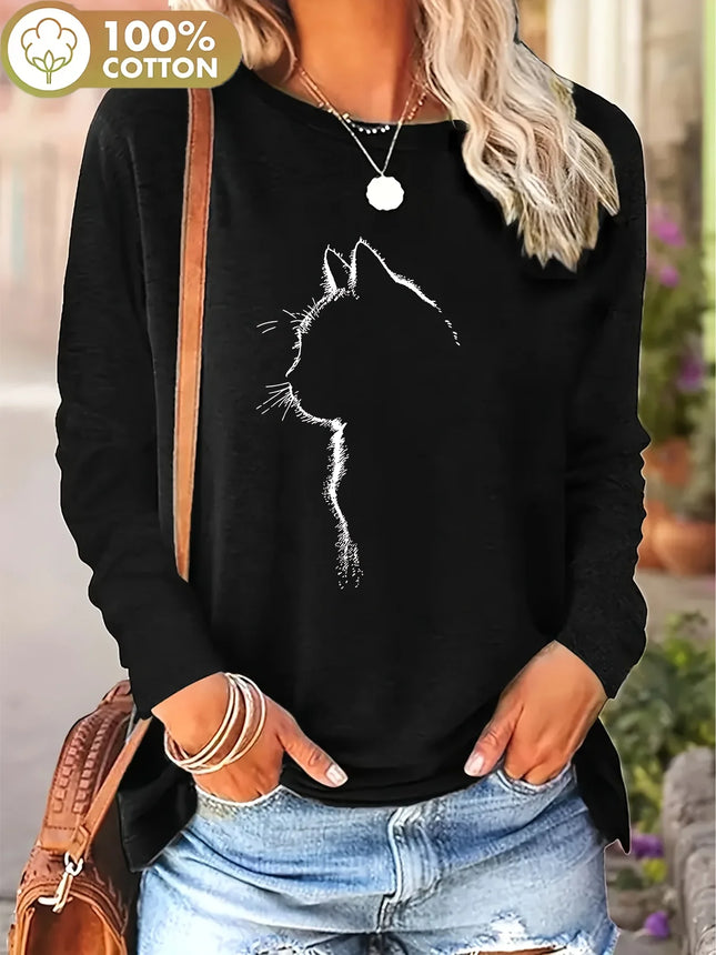 Women's Soft 100% Cotton Black Cat Long Sleeve T-Shirt Top for Everyday Basic Tee Casual Chic Style